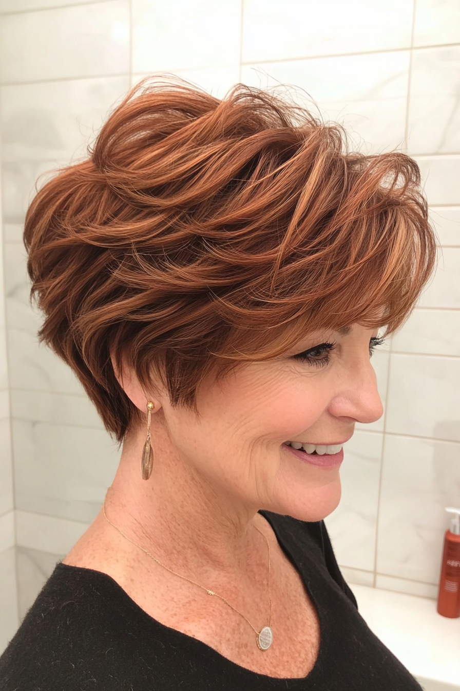 23. Short Wavy Crop with Layers in Dark Auburn (Short Layered Hairstyles For Women Over 60) - Short Layered Hairstyles For Women Over 60