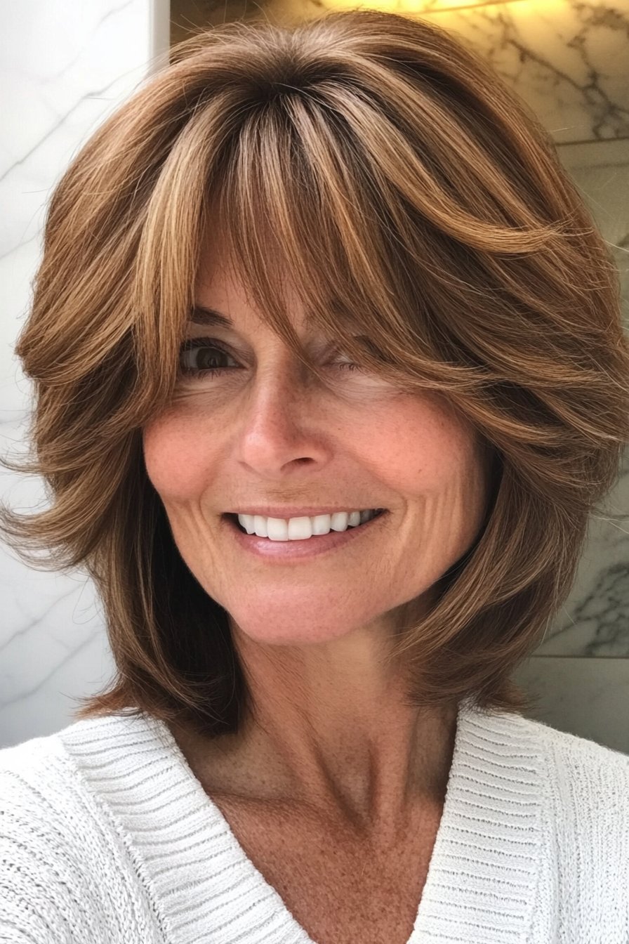 25. Layered Shag Cut with Bangs in Warm Chestnut (Short Layered Hairstyles For Women Over 60) - Short Layered Hairstyles For Women Over 60