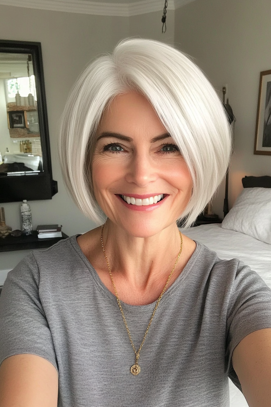 26. Short Bob with Subtle Layers in Natural White (Short Layered Hairstyles For Women Over 60) - Short Layered Hairstyles For Women Over 60