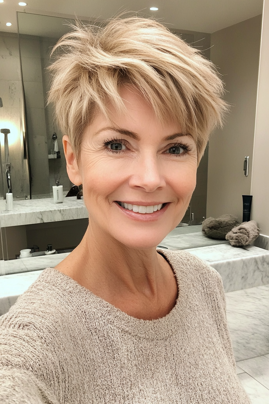 27. Textured Layered Pixie in Sandy Blonde (Short Layered Hairstyles For Women Over 60) - Short Layered Hairstyles For Women Over 60