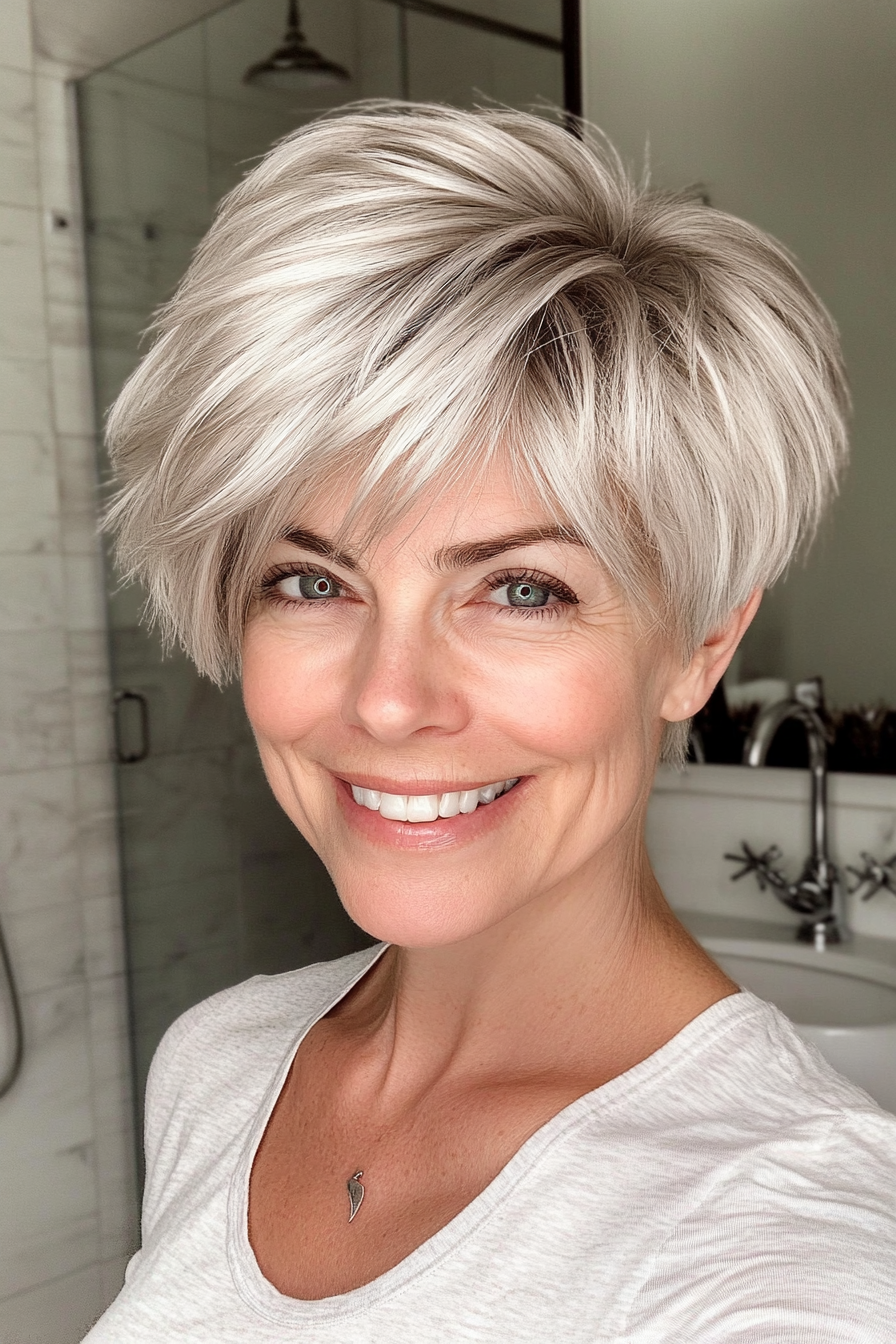 1. Layered Pixie with Silver Highlights (Shorter Hairstyles For Older Women) - Shorter Hairstyles For Older Women