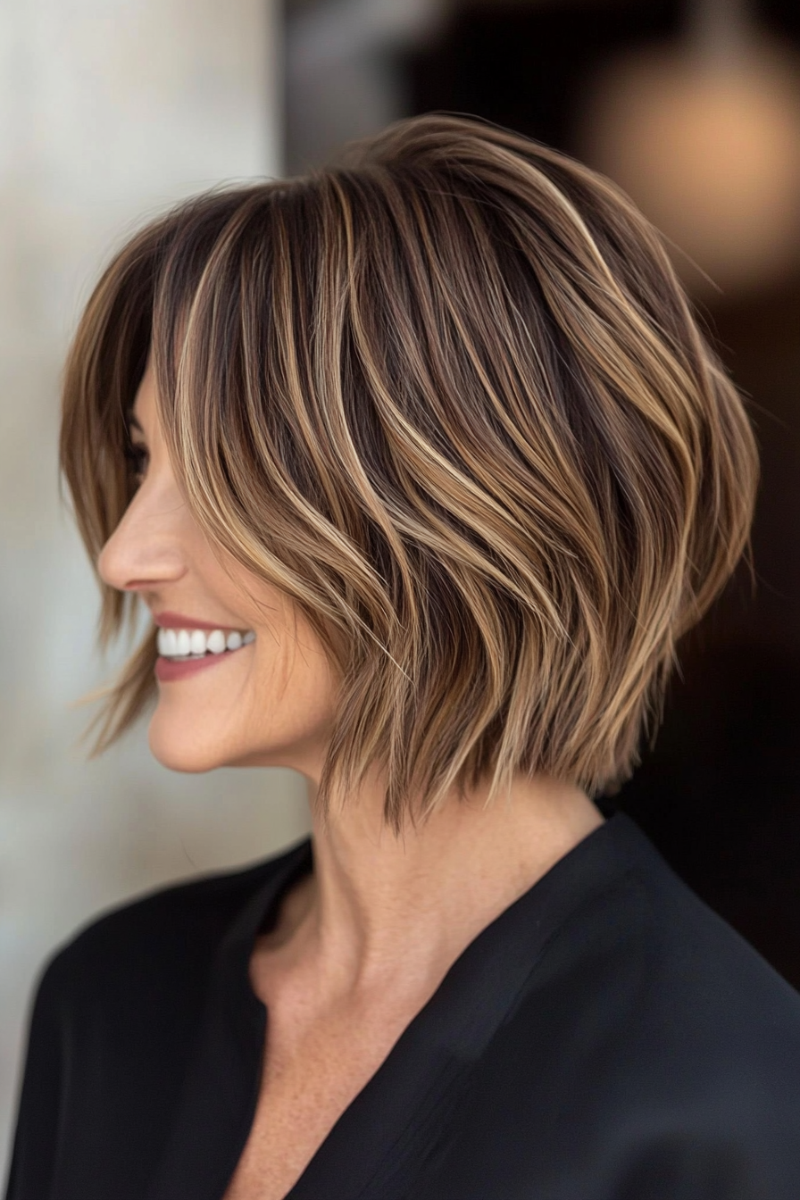 2. Choppy Bob with Caramel Balayage (Shorter Hairstyles For Older Women) - Shorter Hairstyles For Older Women