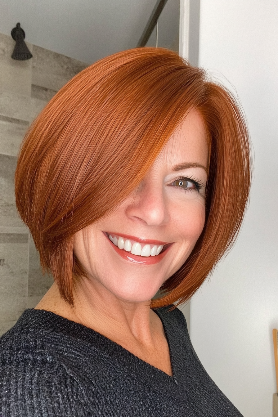 4. Sleek Auburn Side-Swept Bob (Shorter Hairstyles For Older Women) - Shorter Hairstyles For Older Women