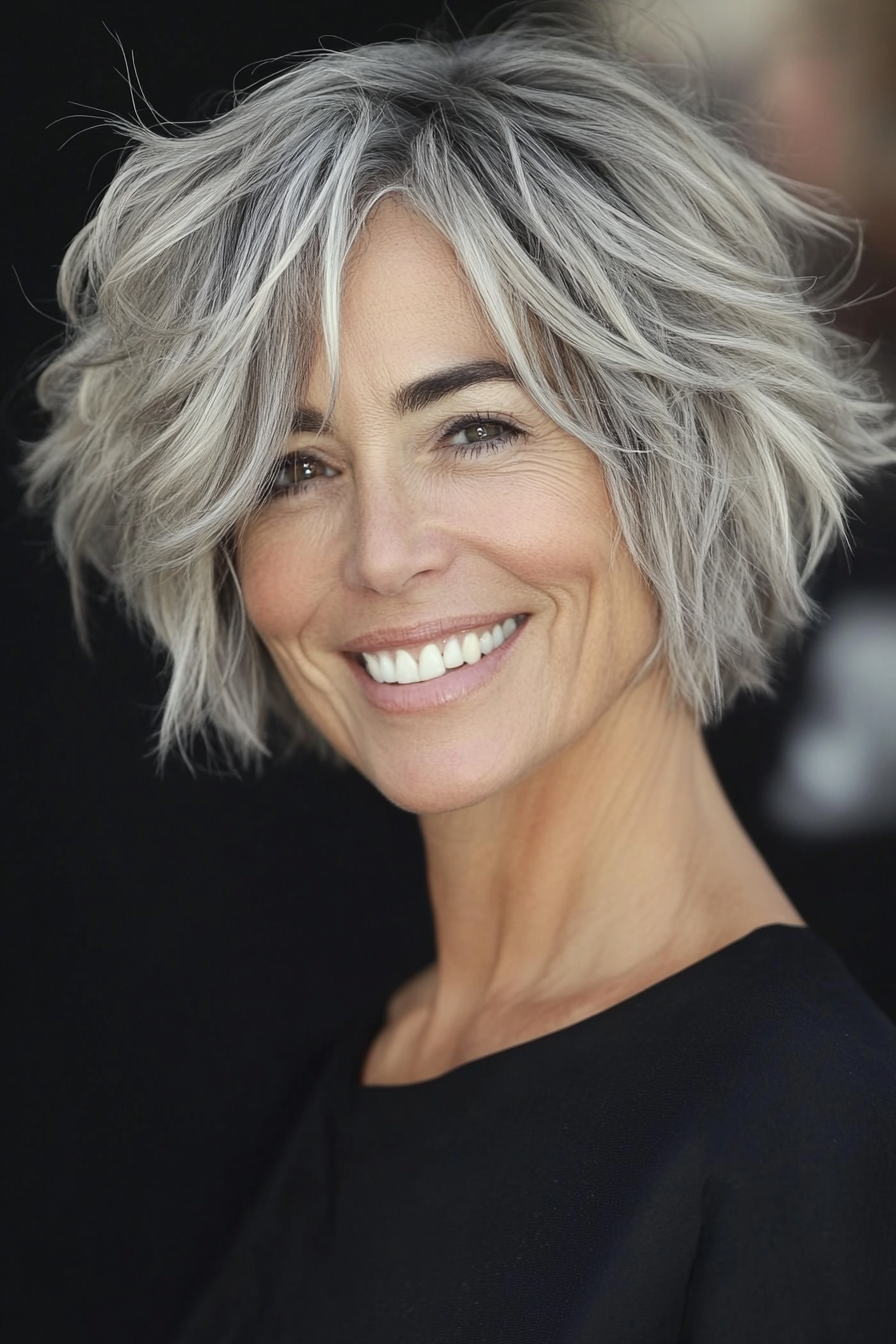 9. Tousled Crop with Ash Gray Highlights (Shorter Hairstyles For Older Women) - Shorter Hairstyles For Older Women