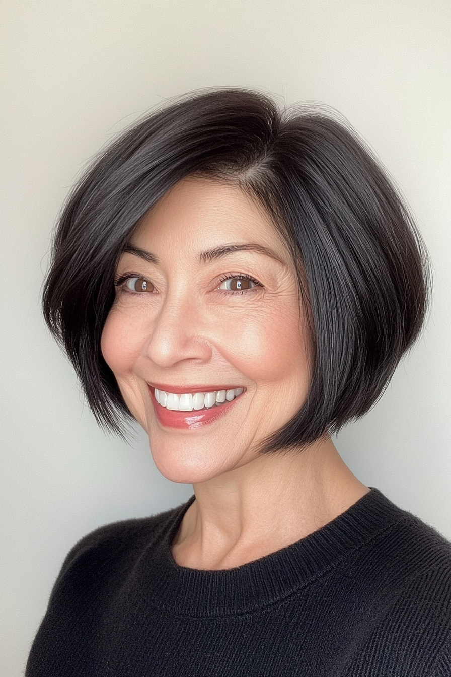 10. Stacked Bob in Natural Black (Shorter Hairstyles For Older Women) - Shorter Hairstyles For Older Women