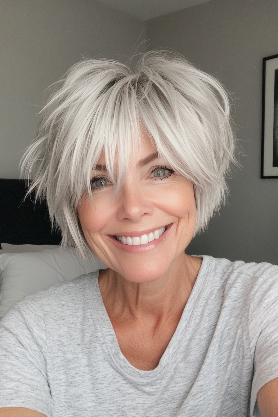 11. Shaggy Pixie in Silvery Blonde (Shorter Hairstyles For Older Women) - Shorter Hairstyles For Older Women