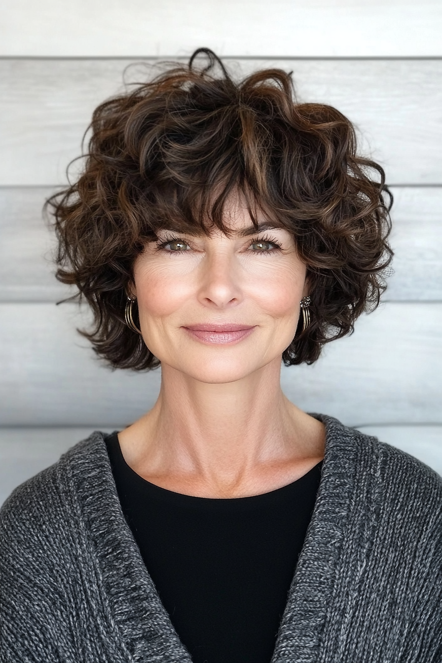 22. Layered Curly Crop in Dark Brown (Shorter Hairstyles For Older Women) - Shorter Hairstyles For Older Women