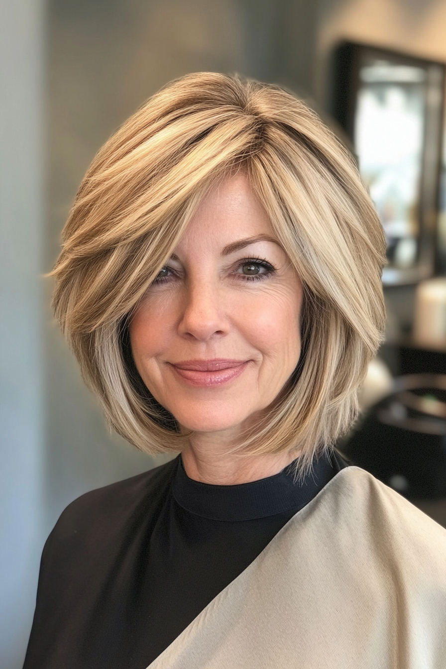 23. Angled Bob with Golden Blonde Layers (Shorter Hairstyles For Older Women) - Shorter Hairstyles For Older Women