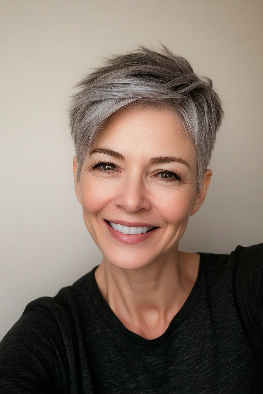 24. Sculpted Grey Pixie with Volume Crown (Shorter Hairstyles For Older Women) - Shorter Hairstyles For Older Women