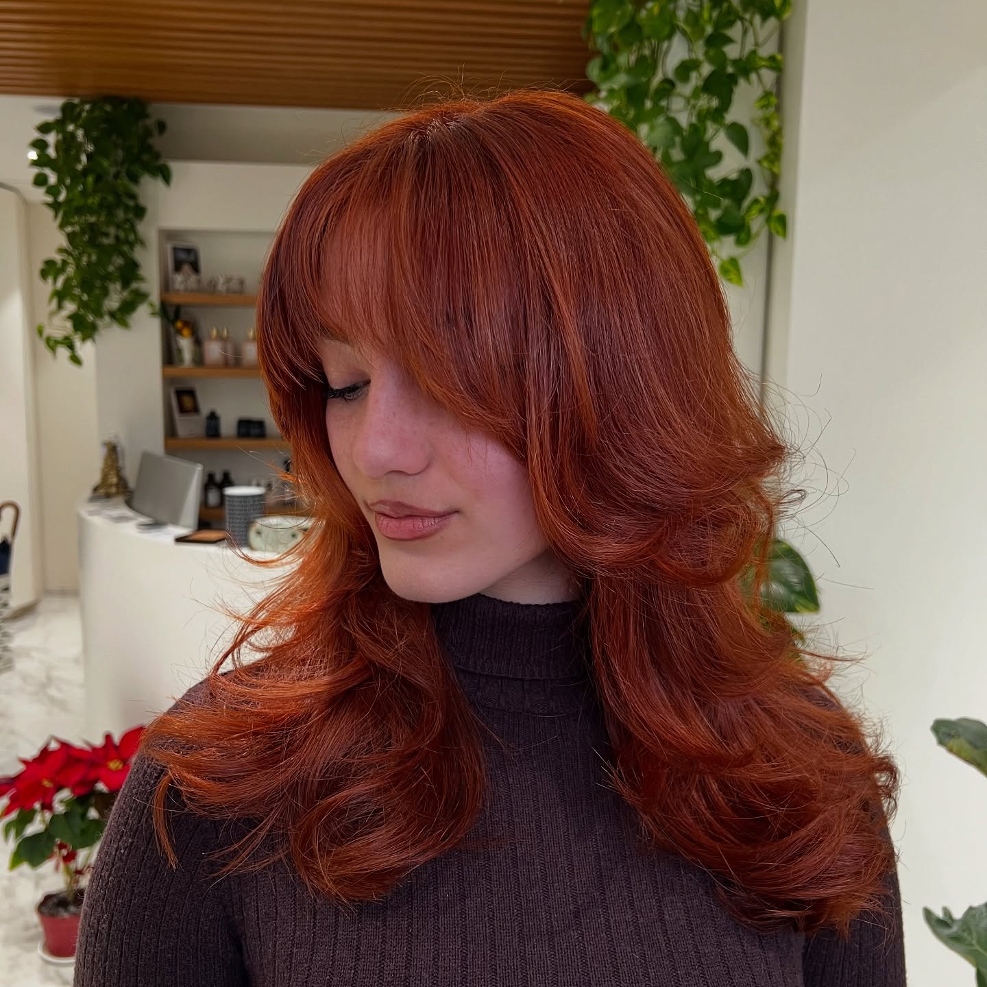 12. 70s-Inspired Copper Layers with Soft Fringe - Copper Hair Color Ideas for Women