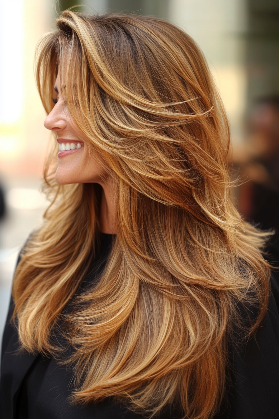 7. Long Layers with Caramel Highlights (Cool Hairstyles For Older Women) - Cool Hairstyles For Older Women