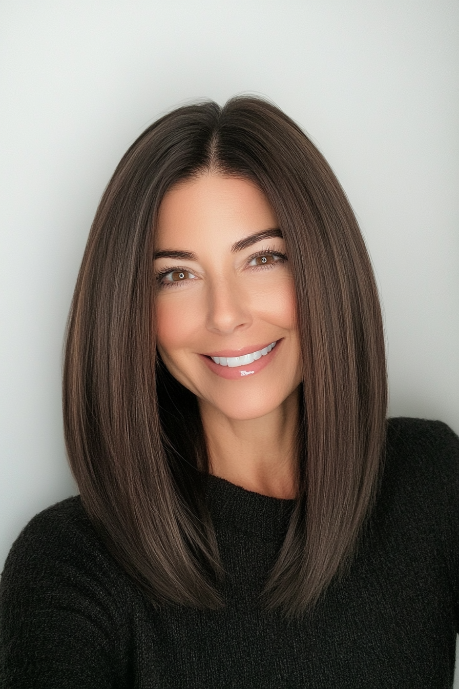 10. Sleek Straight Lob in Dark Chocolate (Cool Hairstyles For Older Women) - Cool Hairstyles For Older Women
