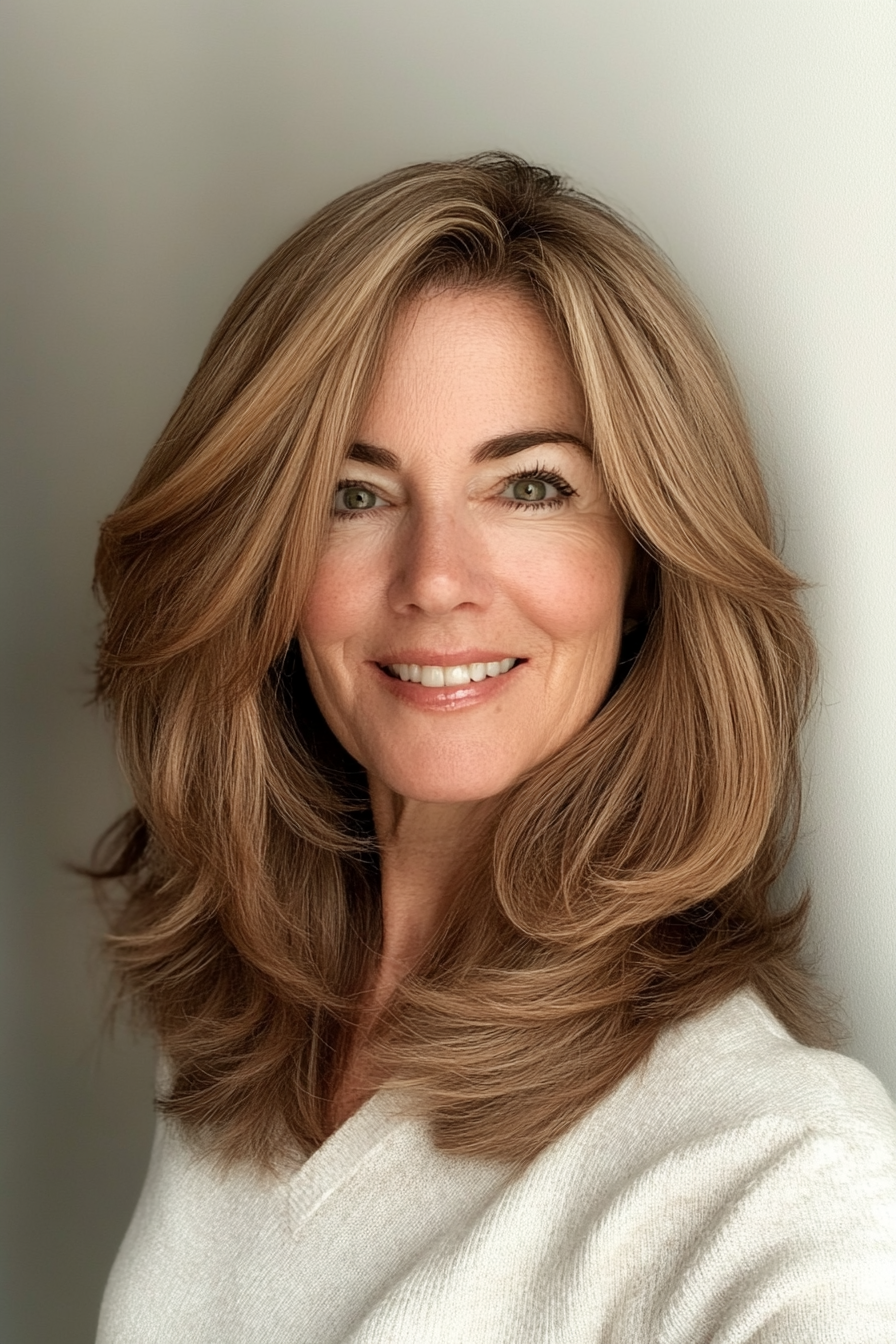 12. Layered Mid-Length Cut in Warm Honey Brown (Cool Hairstyles For Older Women) - Cool Hairstyles For Older Women