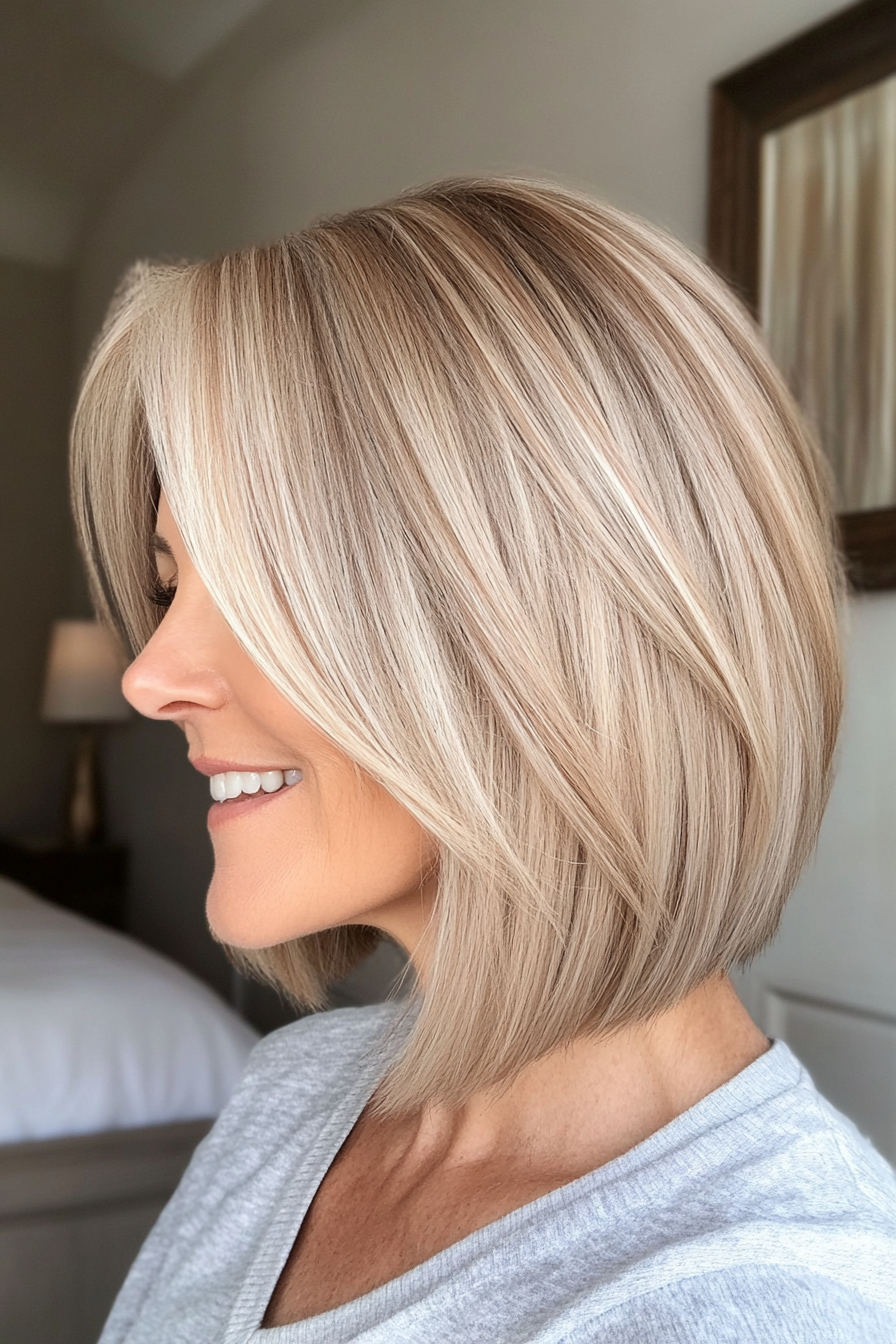 13. Angled Bob in Sandy Blonde (Cool Hairstyles For Older Women) - Cool Hairstyles For Older Women