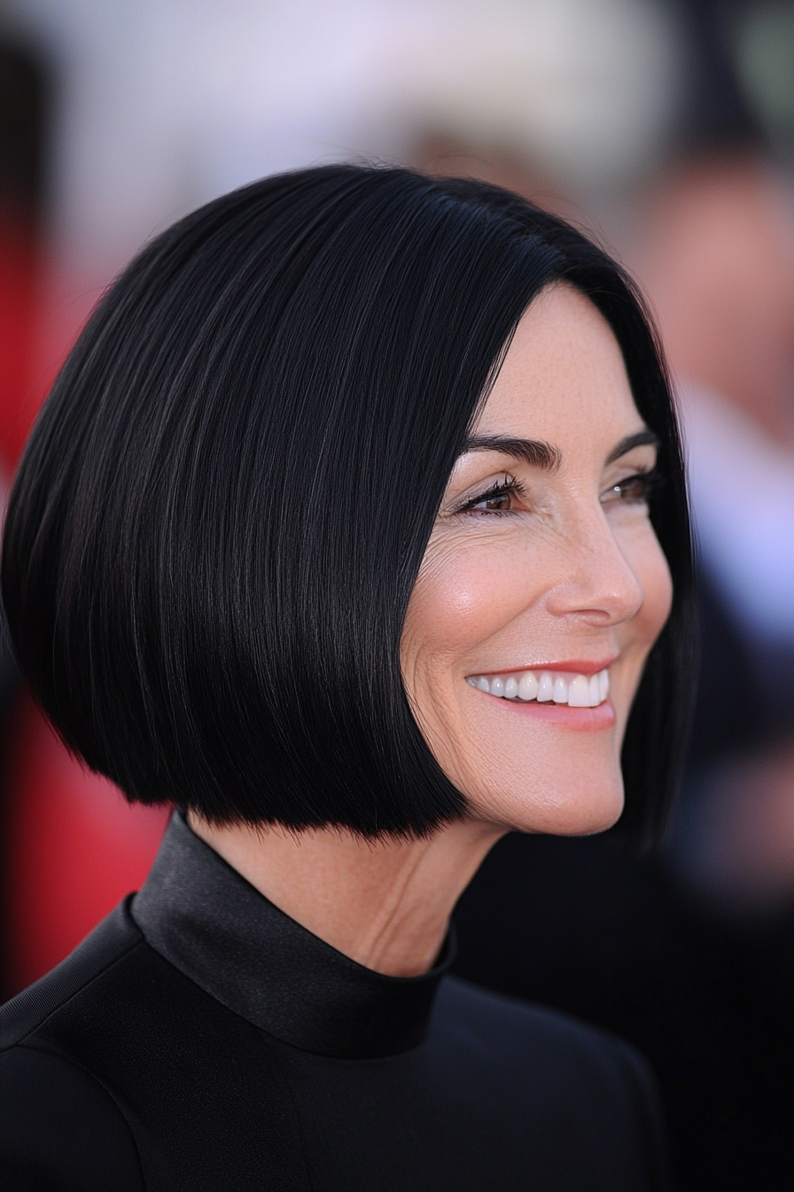 15. Blunt Cut Bob in Jet Black (Cool Hairstyles For Older Women) - Cool Hairstyles For Older Women