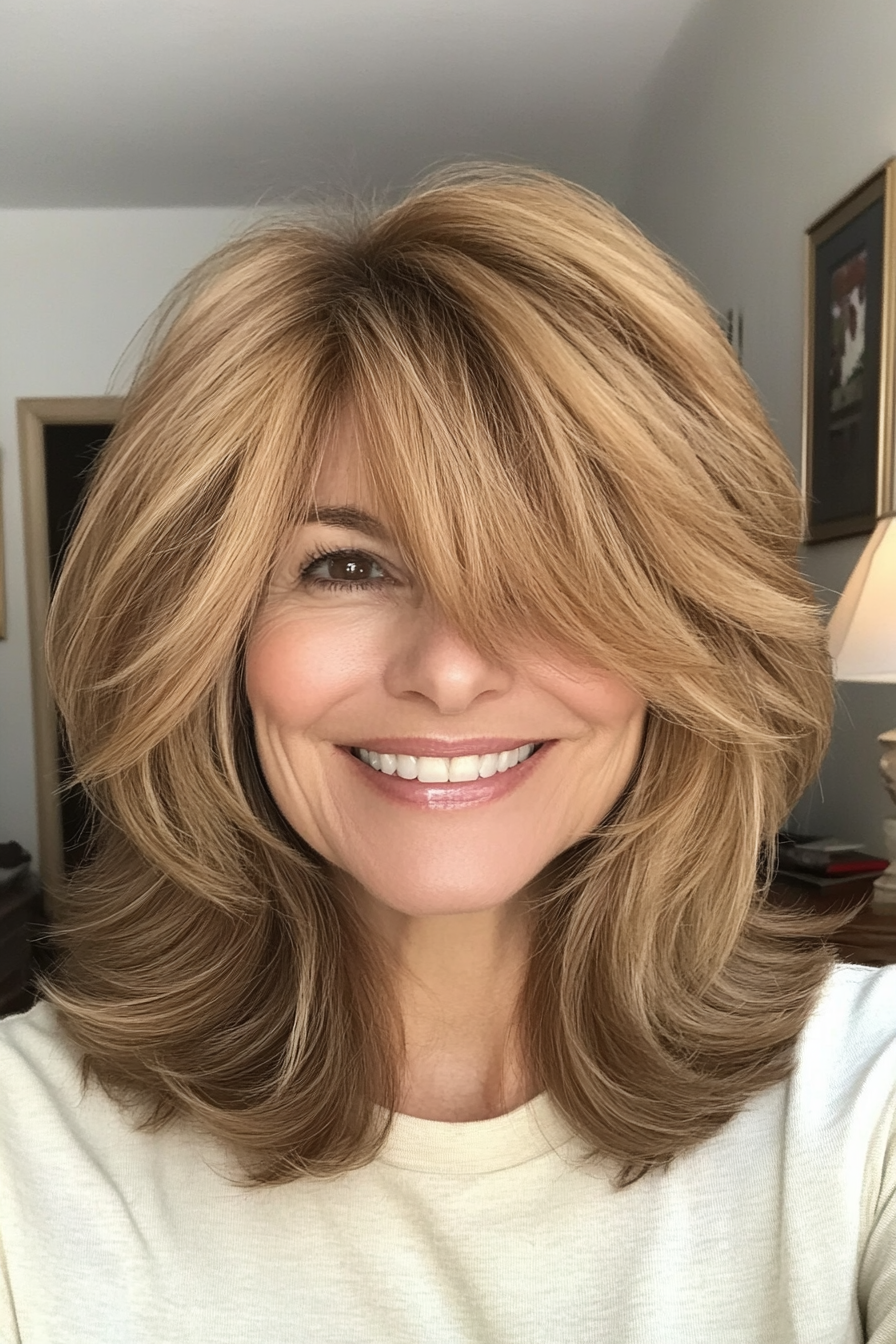 16. Layered Shag with Bangs in Golden Brown (Cool Hairstyles For Older Women) - Cool Hairstyles For Older Women