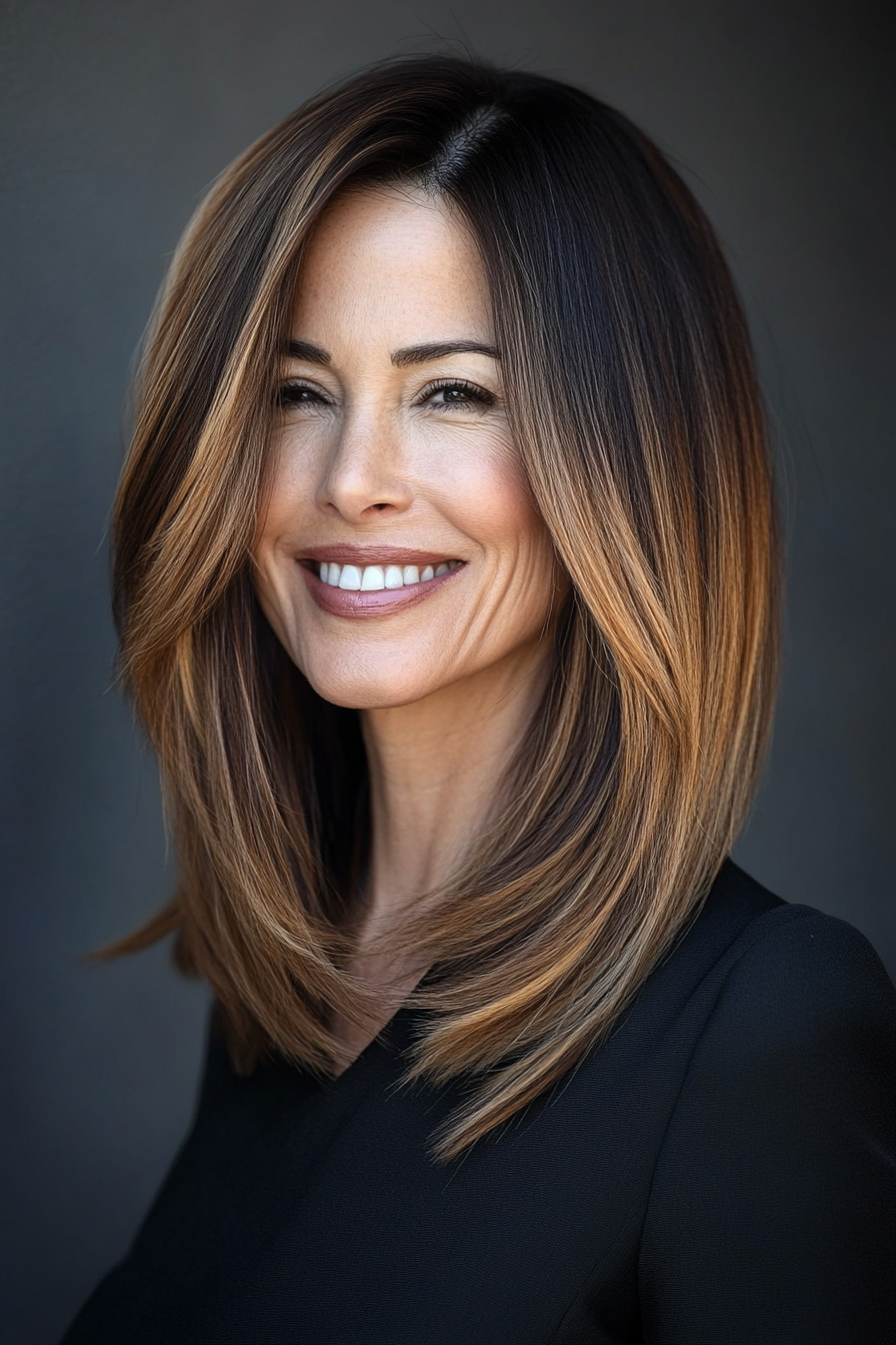 17. Side-Parted Lob in Chestnut Ombre (Cool Hairstyles For Older Women) - Cool Hairstyles For Older Women