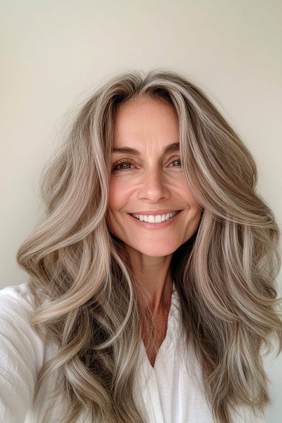 18. Soft Waves in Light Brown with Subtle Highlights (Cool Hairstyles For Older Women) - Cool Hairstyles For Older Women