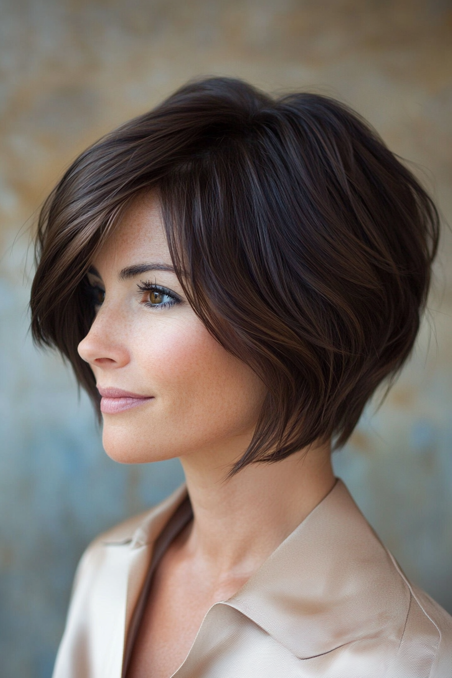 19. Short Bob with Side-Swept Bangs in Dark Mahogany (Cool Hairstyles For Older Women) - Cool Hairstyles For Older Women