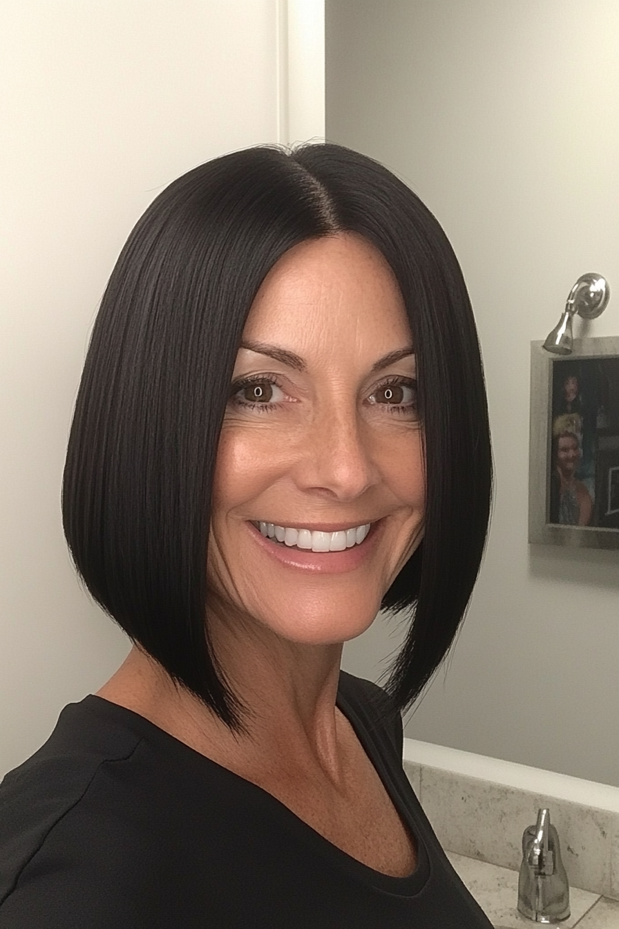 22. Sleek Bob with Middle Part in Natural Black (Cool Hairstyles For Older Women) - Cool Hairstyles For Older Women