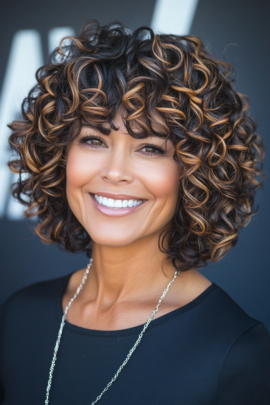 23. Curly Bob with Highlights in Dark Caramel (Cool Hairstyles For Older Women) - Cool Hairstyles For Older Women