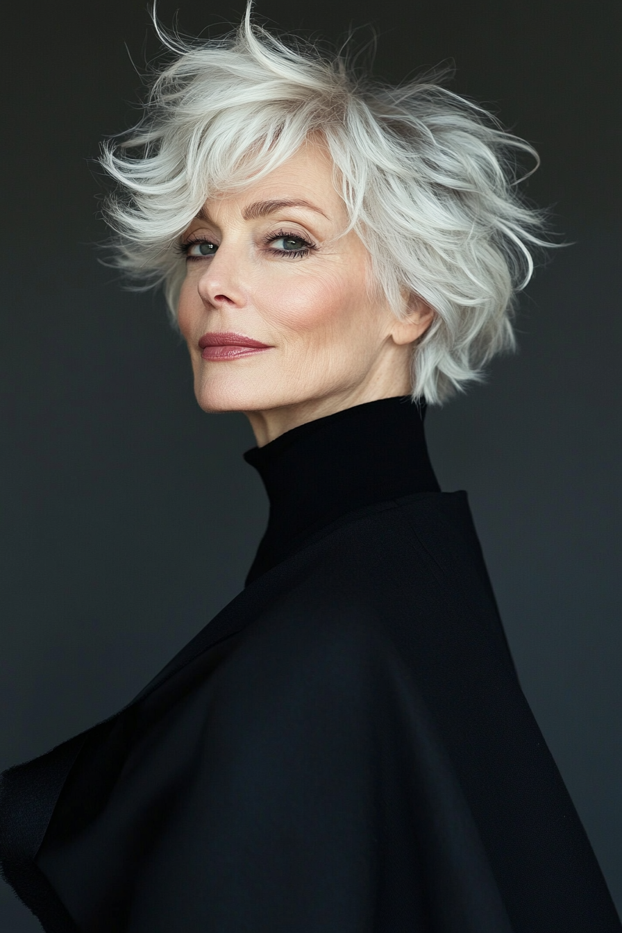 25. Short Layered Cut with Volume in Silver Blonde (Cool Hairstyles For Older Women) - Cool Hairstyles For Older Women