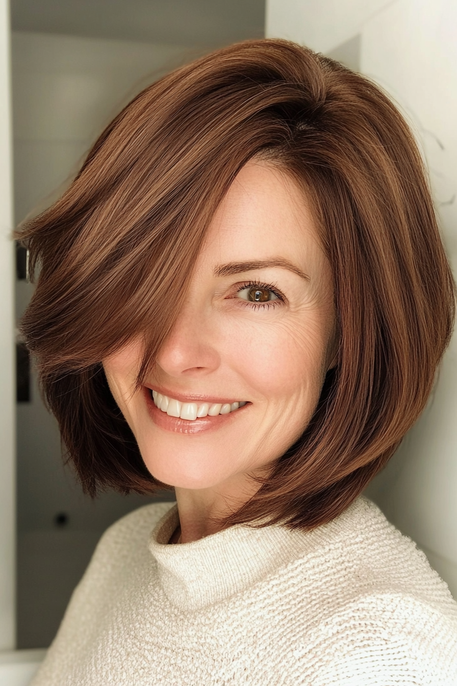1. Layered Bob in Chestnut Brown (Haircuts For Women Over 50 With Thick Hair) - Haircuts For Women Over 50 With Thick Hair