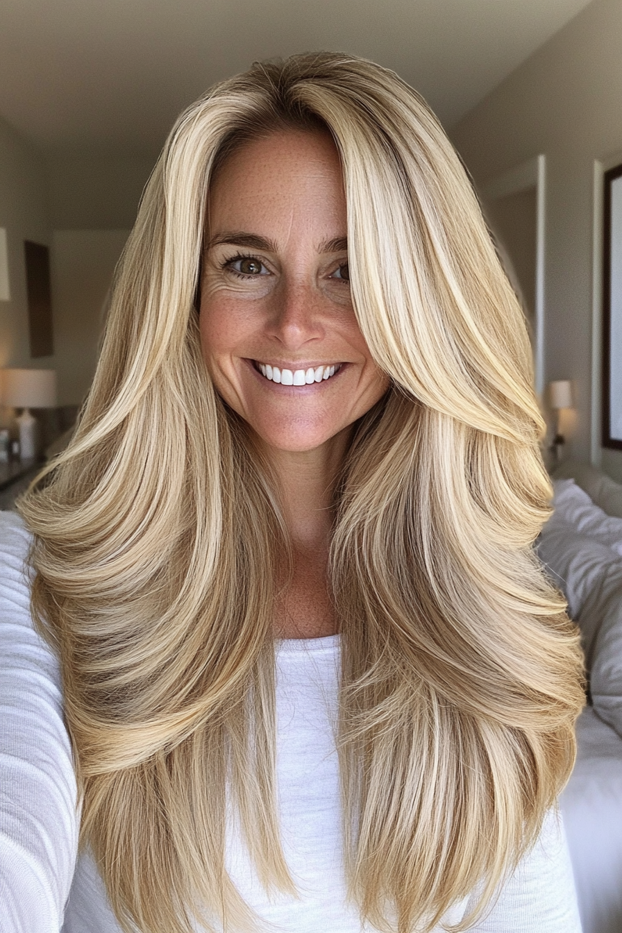 4. Long Layers with Honey Blonde Highlights (Haircuts For Women Over 50 With Thick Hair) - Haircuts For Women Over 50 With Thick Hair