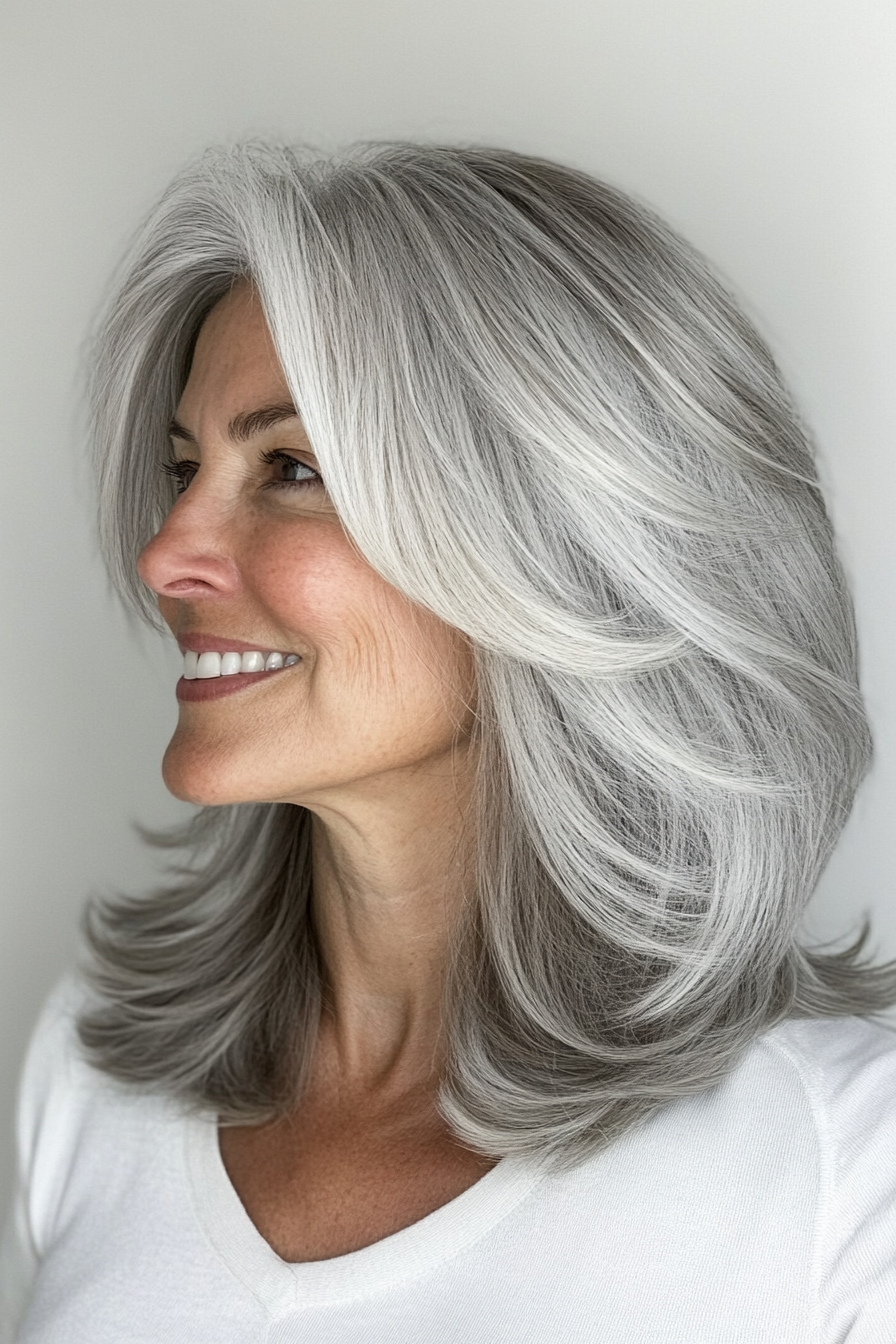 6. Feathered Cut in Silver Gray (Haircuts For Women Over 50 With Thick Hair) - Haircuts For Women Over 50 With Thick Hair