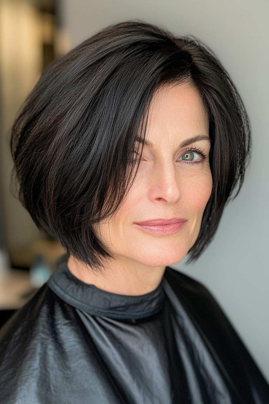 7. Asymmetrical Bob in Jet Black (Haircuts For Women Over 50 With Thick Hair) - Haircuts For Women Over 50 With Thick Hair
