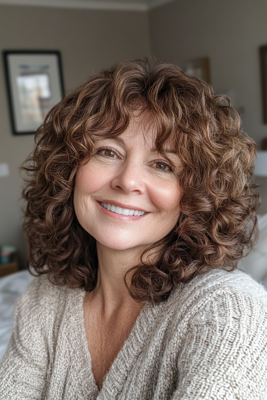 8. Curly Shag in Natural Brunette (Haircuts For Women Over 50 With Thick Hair) - Haircuts For Women Over 50 With Thick Hair