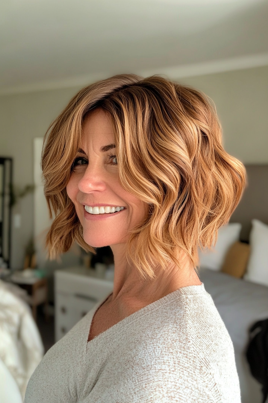 11. Wavy Bob with Side Bangs in Golden Brown (Haircuts For Women Over 50 With Thick Hair) - Haircuts For Women Over 50 With Thick Hair