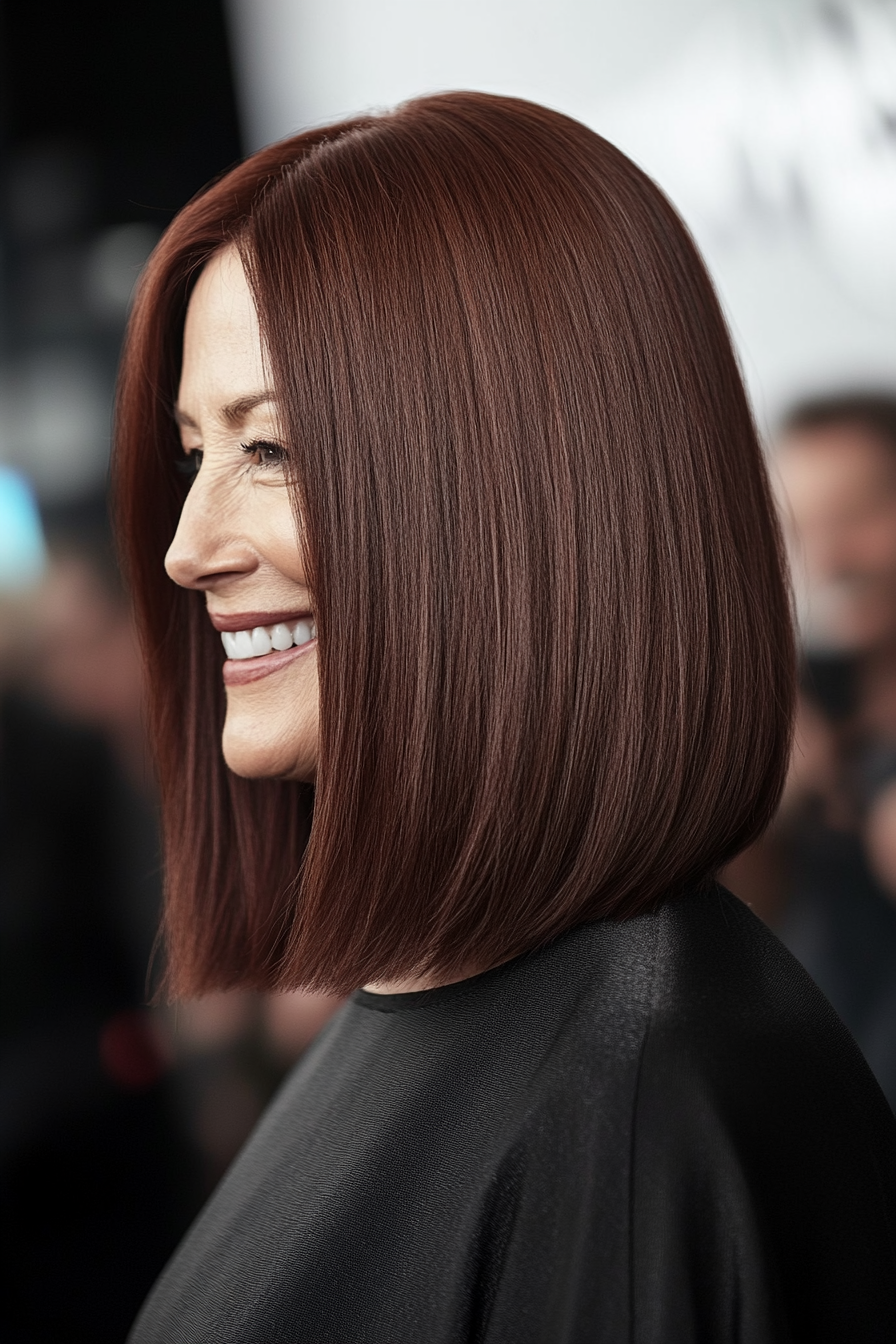 14. Sleek Shoulder-Length Cut in Mahogany Brown (Haircuts For Women Over 50 With Thick Hair) - Haircuts For Women Over 50 With Thick Hair