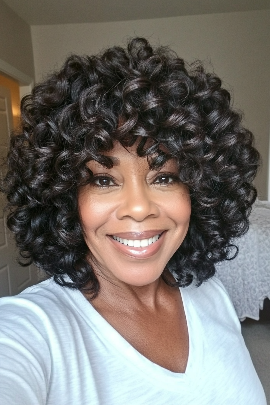 15. Voluminous Curls in Natural Black (Haircuts For Women Over 50 With Thick Hair) - Haircuts For Women Over 50 With Thick Hair