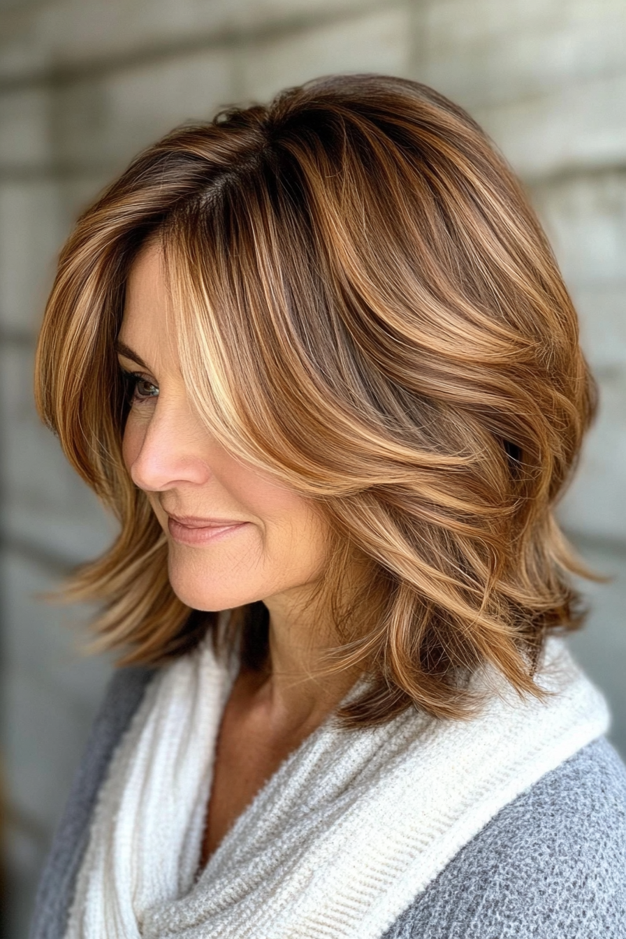 16. Layered Lob with Face-Framing Highlights in Chestnut Brown (Haircuts For Women Over 50 With Thick Hair) - Haircuts For Women Over 50 With Thick Hair