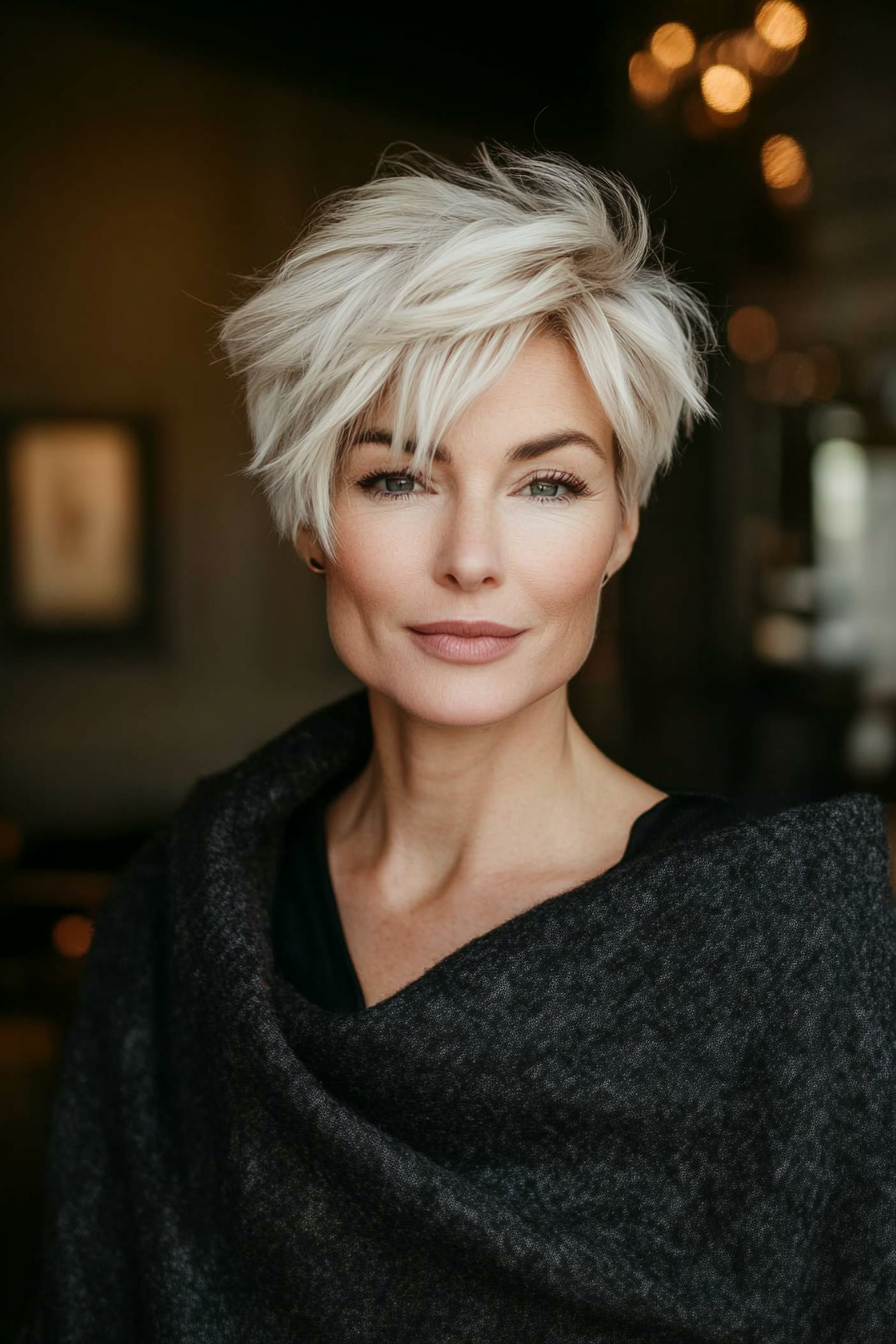 17. Tousled Pixie in Platinum Blonde (Haircuts For Women Over 50 With Thick Hair) - Haircuts For Women Over 50 With Thick Hair