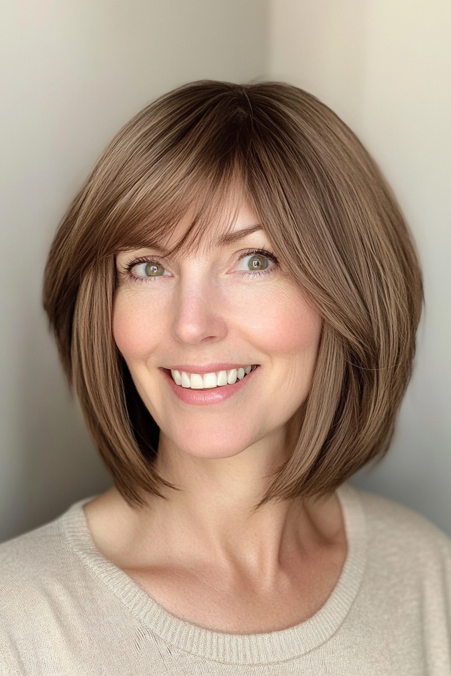 18. Bob with Curtain Bangs in Rich Mocha (Haircuts For Women Over 50 With Thick Hair) - Haircuts For Women Over 50 With Thick Hair