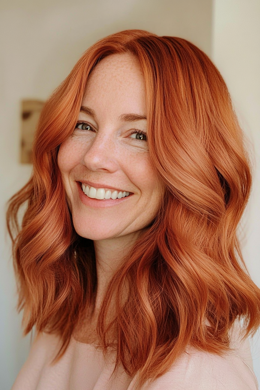 19. Shoulder-Length Waves in Copper Red (Haircuts For Women Over 50 With Thick Hair) - Haircuts For Women Over 50 With Thick Hair