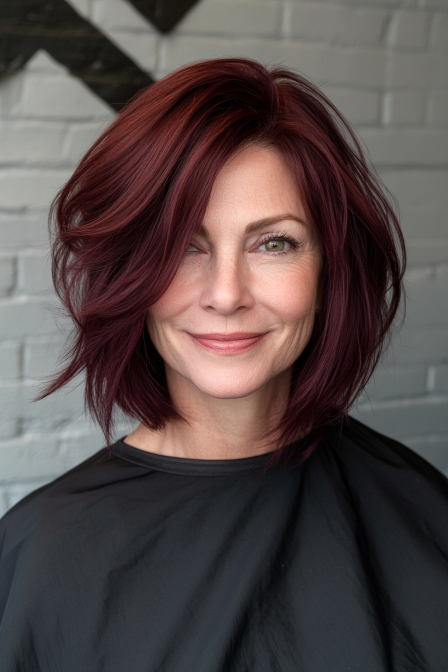 22. Medium-Length Cut with Side Part in Deep Burgundy (Haircuts For Women Over 50 With Thick Hair) - Haircuts For Women Over 50 With Thick Hair