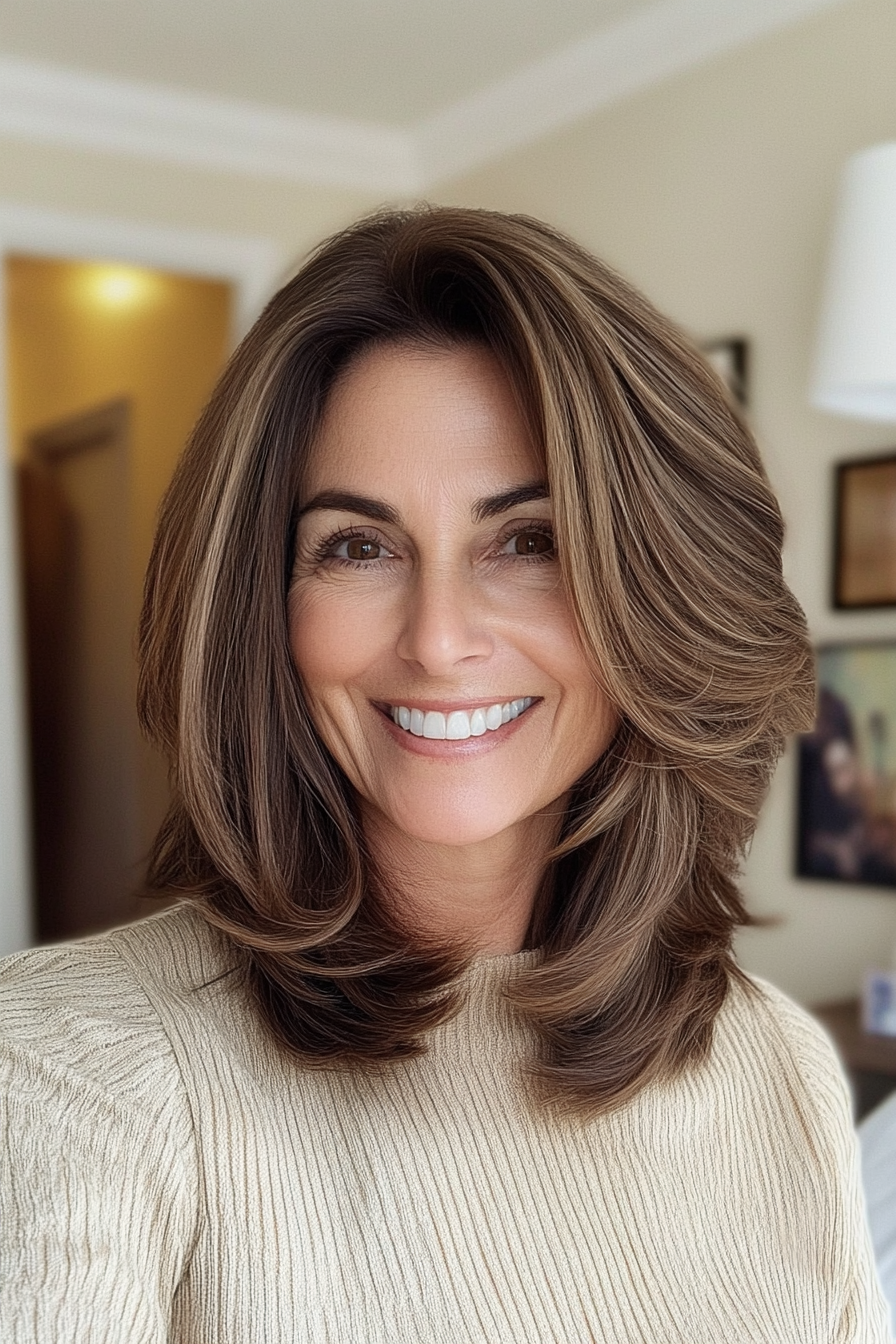 24. Layered Shoulder-Length Cut in Warm Walnut (Haircuts For Women Over 50 With Thick Hair) - Haircuts For Women Over 50 With Thick Hair