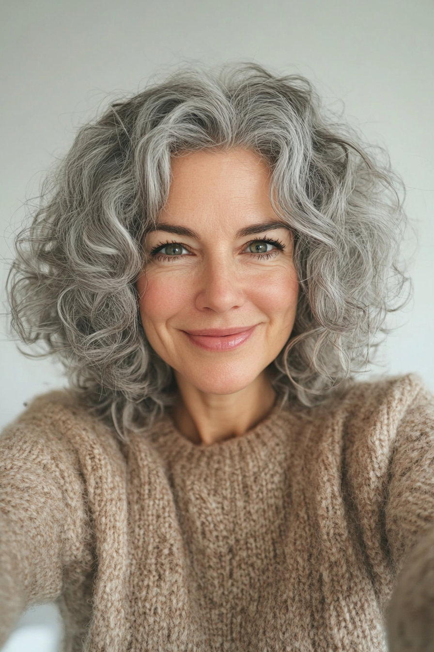 25. Curly Bob in Natural Gray (Haircuts For Women Over 50 With Thick Hair) - Haircuts For Women Over 50 With Thick Hair