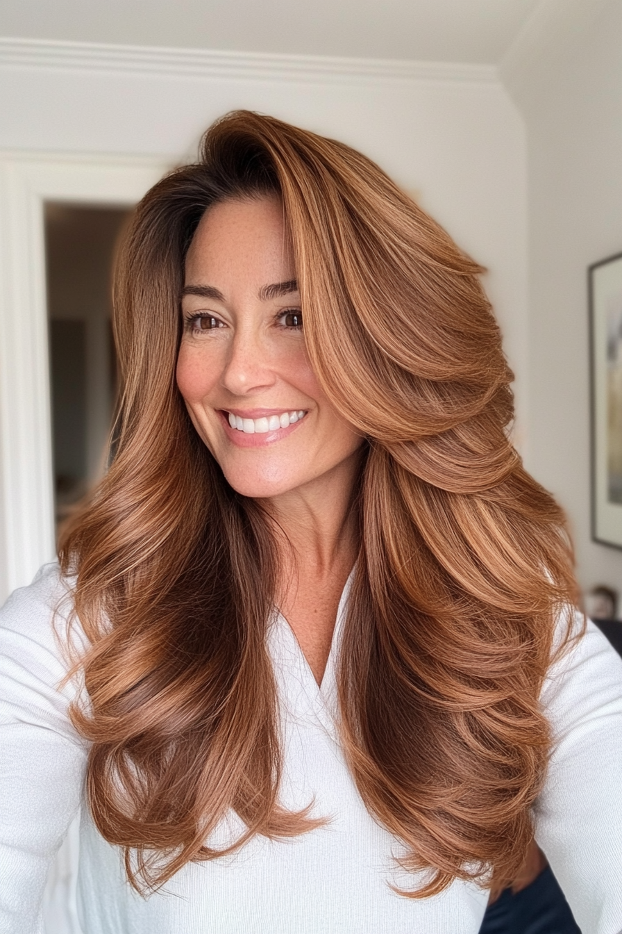 1. Layered Chestnut Waves (Long Haircuts For Women Over 40) - Long Haircuts For Women Over 40
