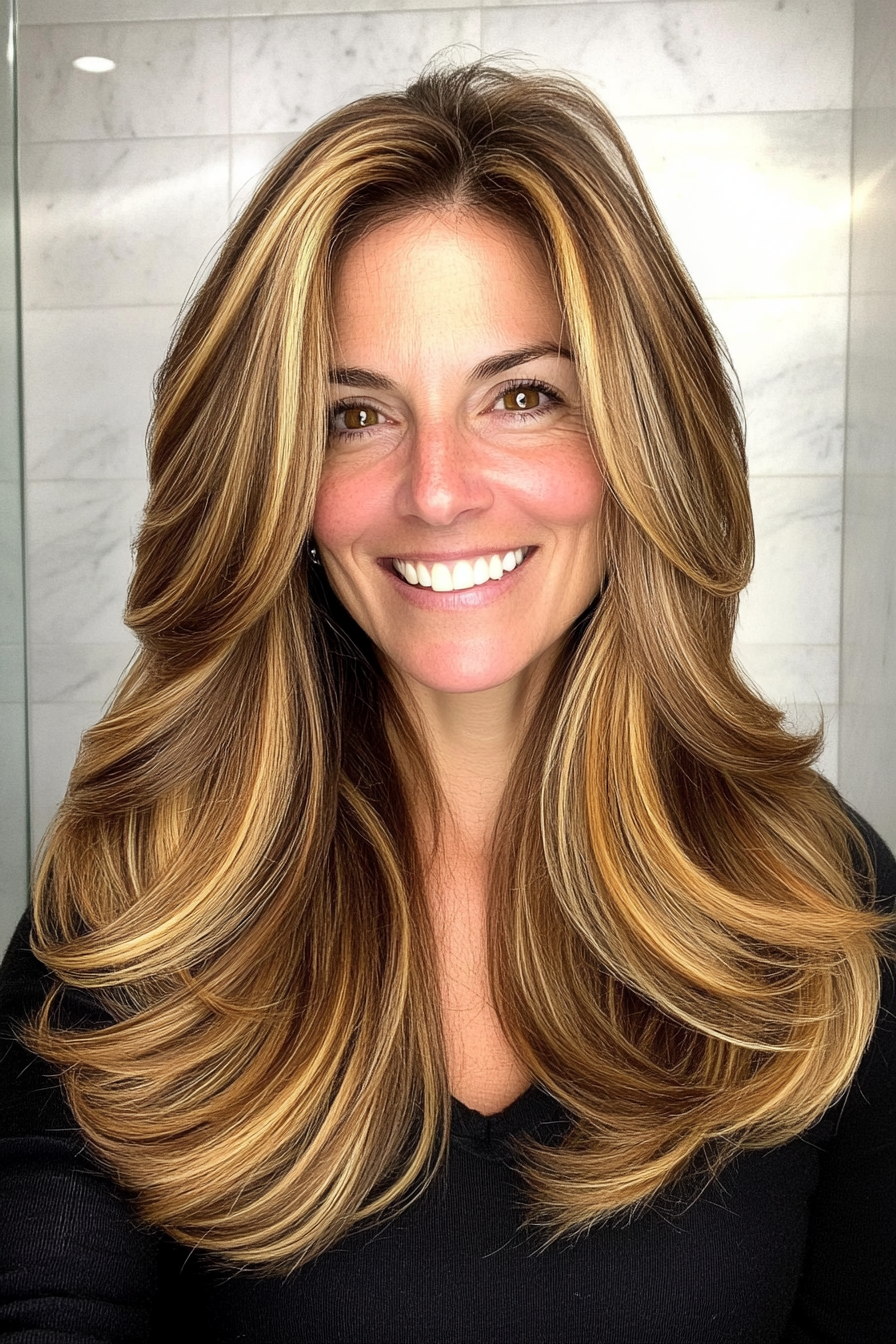 3. Golden Honey Highlights with Layers (Long Haircuts For Women Over 40) - Long Haircuts For Women Over 40