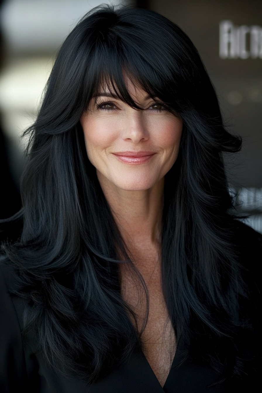 9. Rich Black Layers with Curtain Bangs (Long Haircuts For Women Over 40) - Long Haircuts For Women Over 40