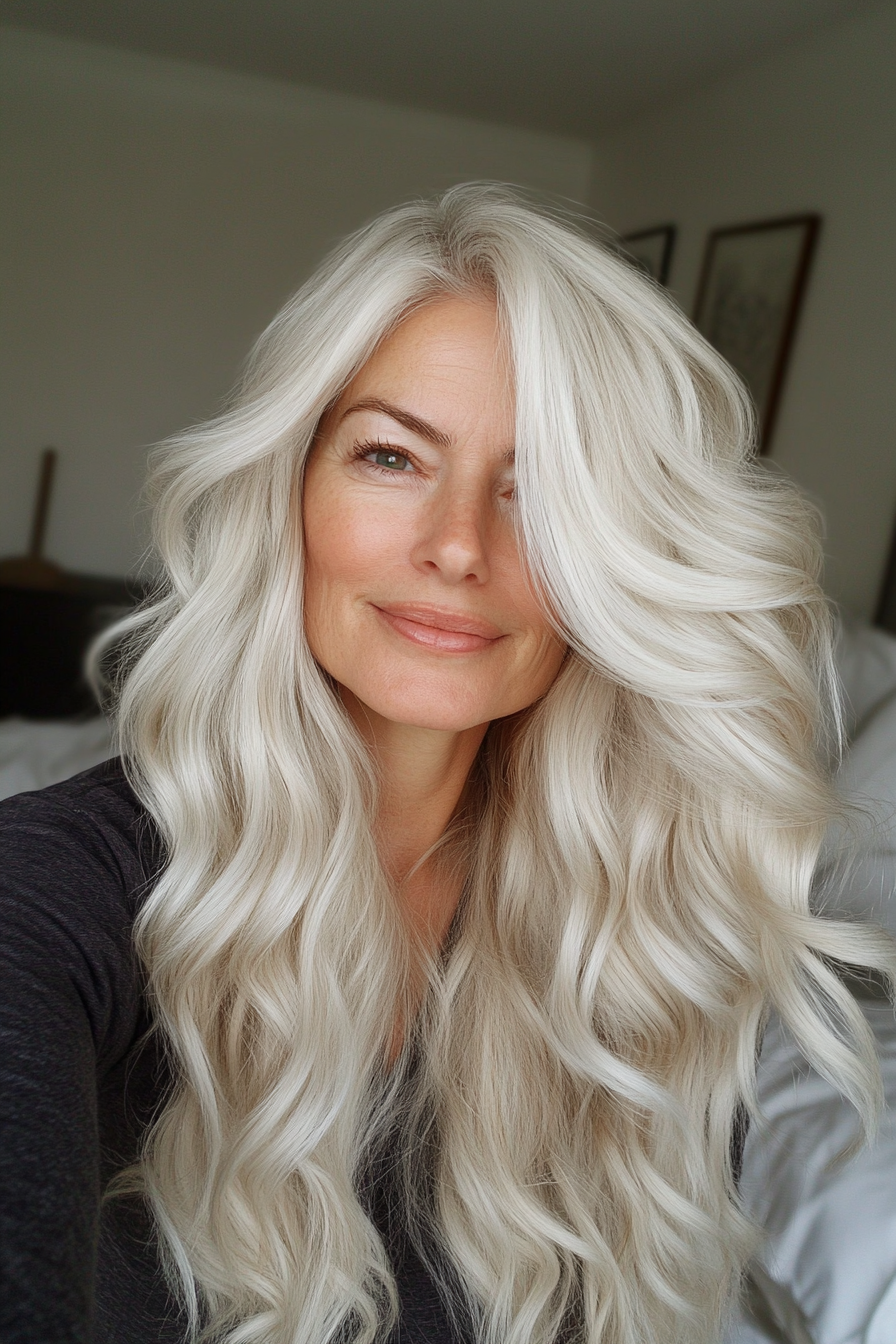 12. Pearl Blonde Long Waves (Long Haircuts For Women Over 40) - Long Haircuts For Women Over 40