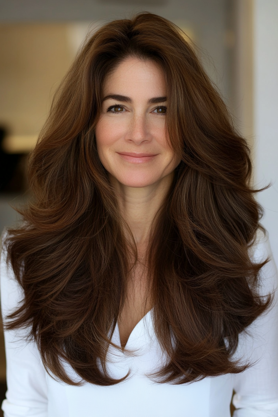 13. Deep Chestnut with Feathered Ends (Long Haircuts For Women Over 40) - Long Haircuts For Women Over 40