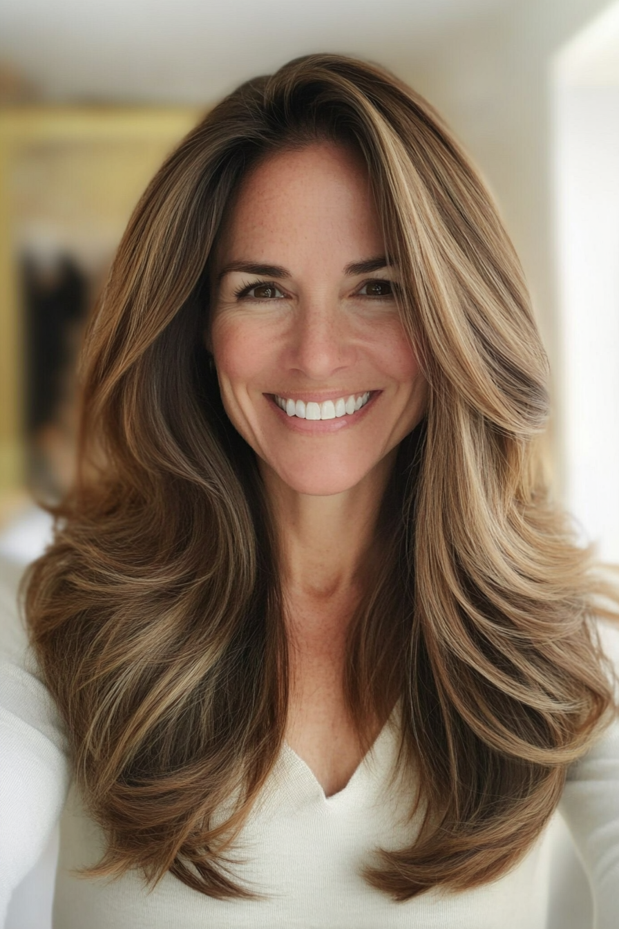 14. Golden Brunette with Face-Framing Layers (Long Haircuts For Women Over 40) - Long Haircuts For Women Over 40