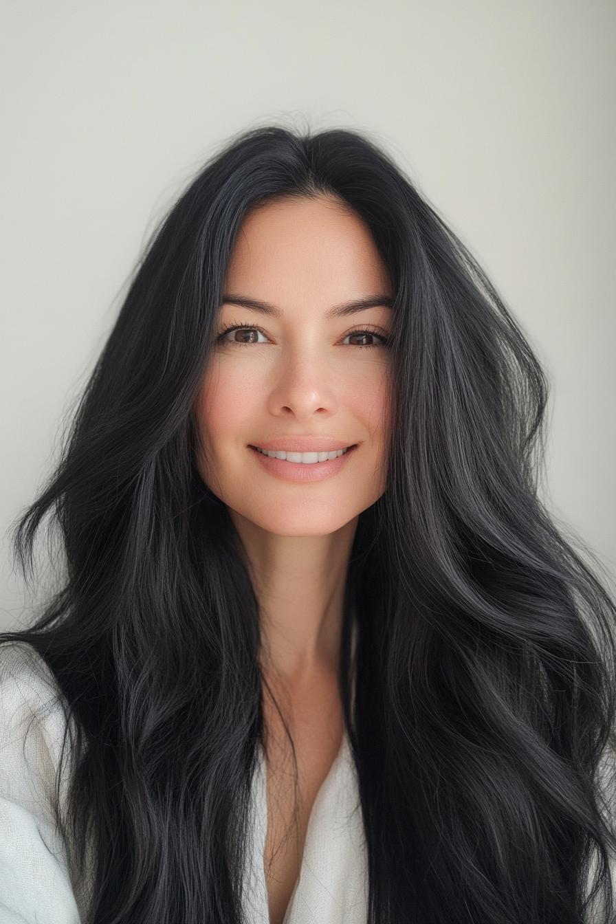 18. Natural Jet Black with Glossy Finish (Long Haircuts For Women Over 40) - Long Haircuts For Women Over 40