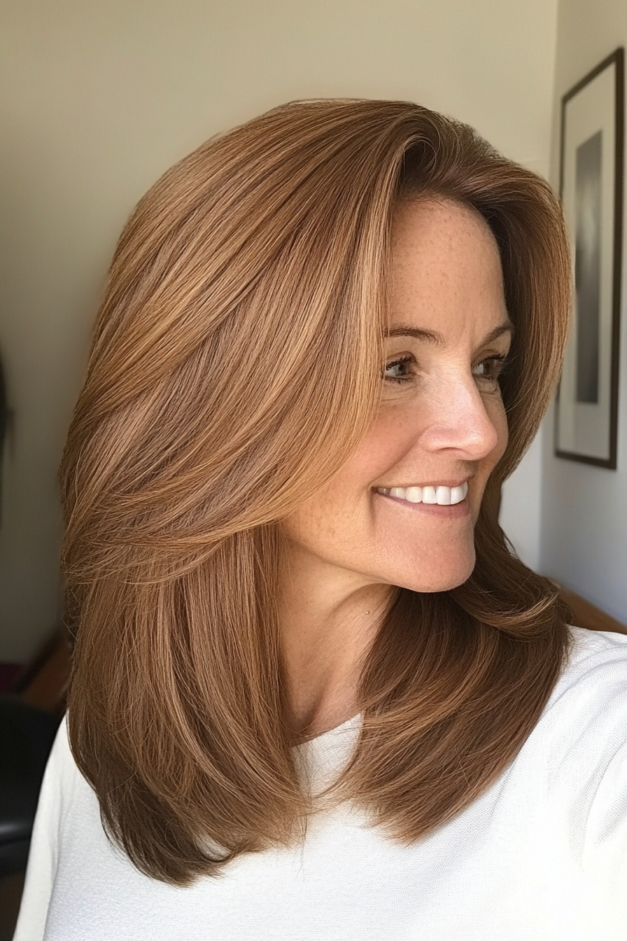 1. Soft Feathered Lob in Chestnut Brown (Mid Length Hairstyles For Older Women) - Mid Length Hairstyles For Older Women