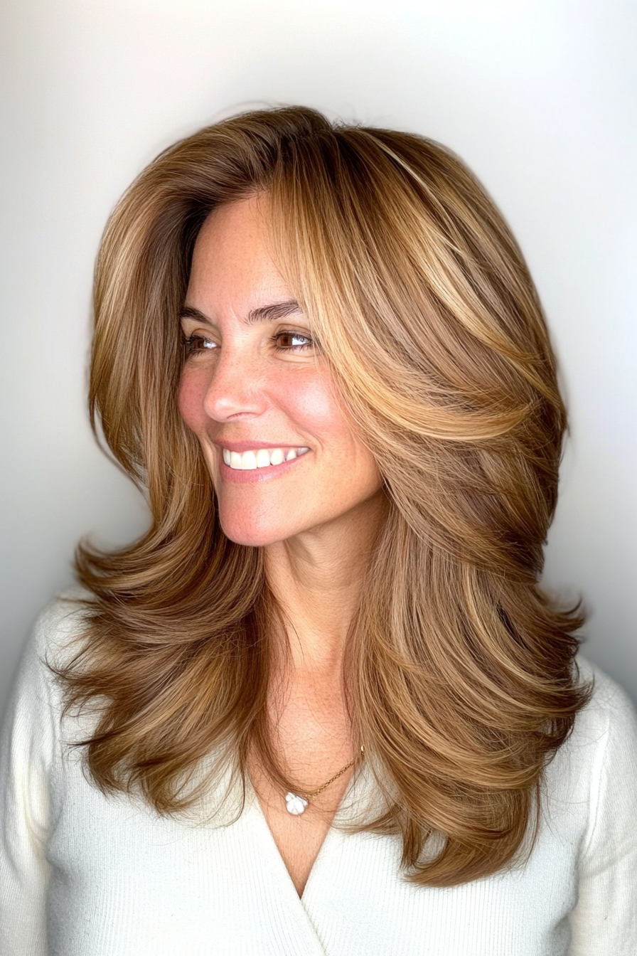 4. Face-Framing Layers in Warm Honey Brown (Mid Length Hairstyles For Older Women) - Mid Length Hairstyles For Older Women